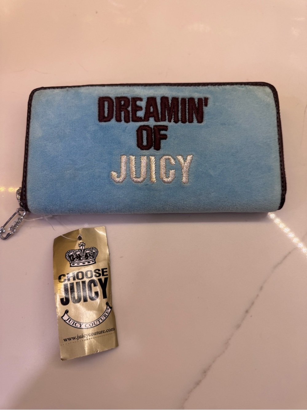 New ! Juicy Couture light blue and brown velour zip wallet with embroidered logo